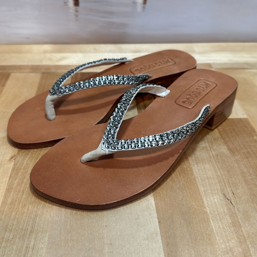 Mystique Boutique Brown Leather Flip Flop Sandals with Silver Beaded Straps